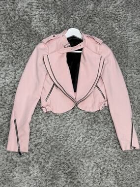 Zara Women’s Pink Cropped Moto Jacket Asymmetric Zip Biker Jacket Size XS